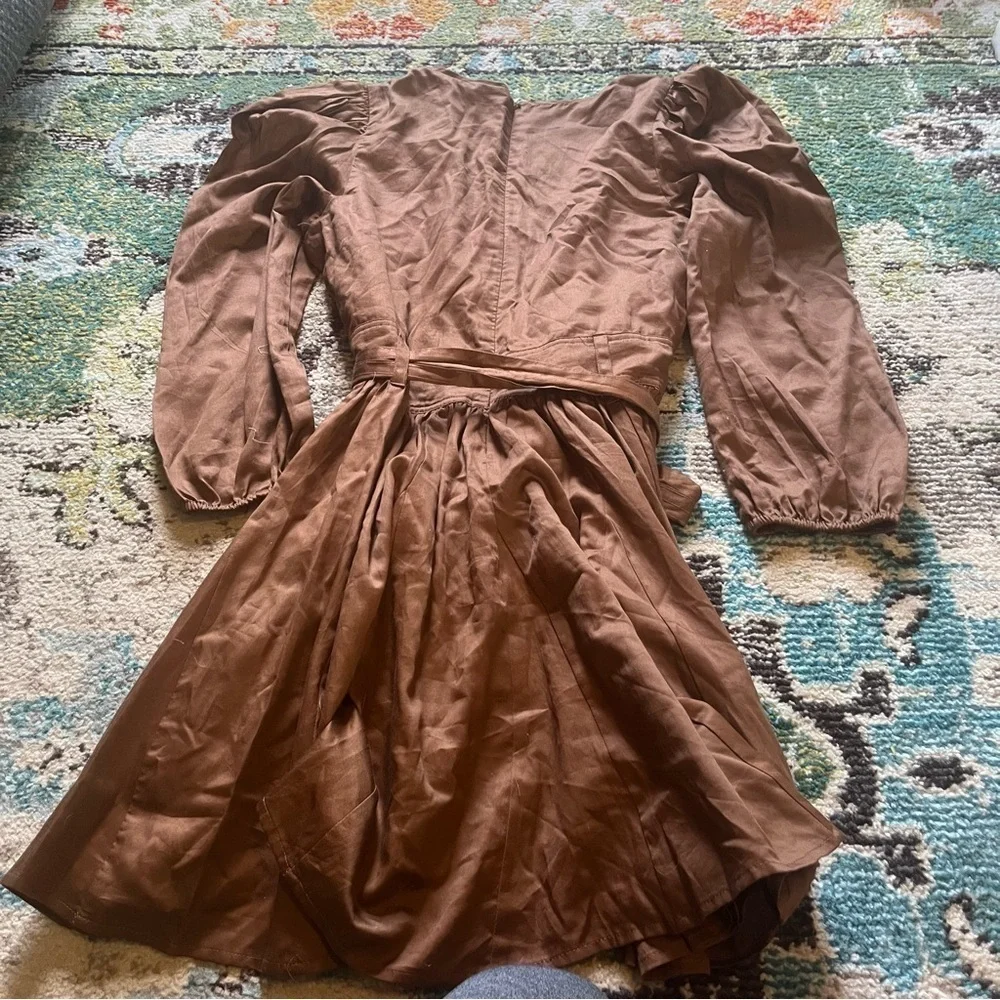 LaRoque Original Brown 100% Cotton Puff Sleeve Fit & Flare Mini Dress Size Large